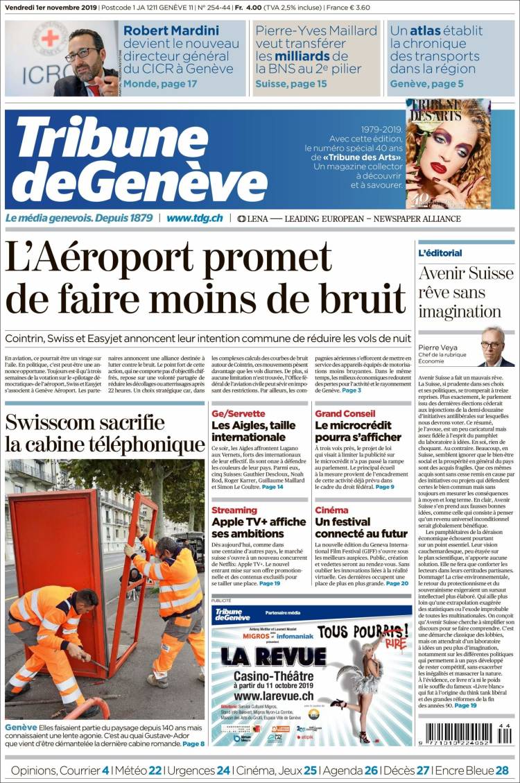 Portada de La Tribune de Genève (Suiza)