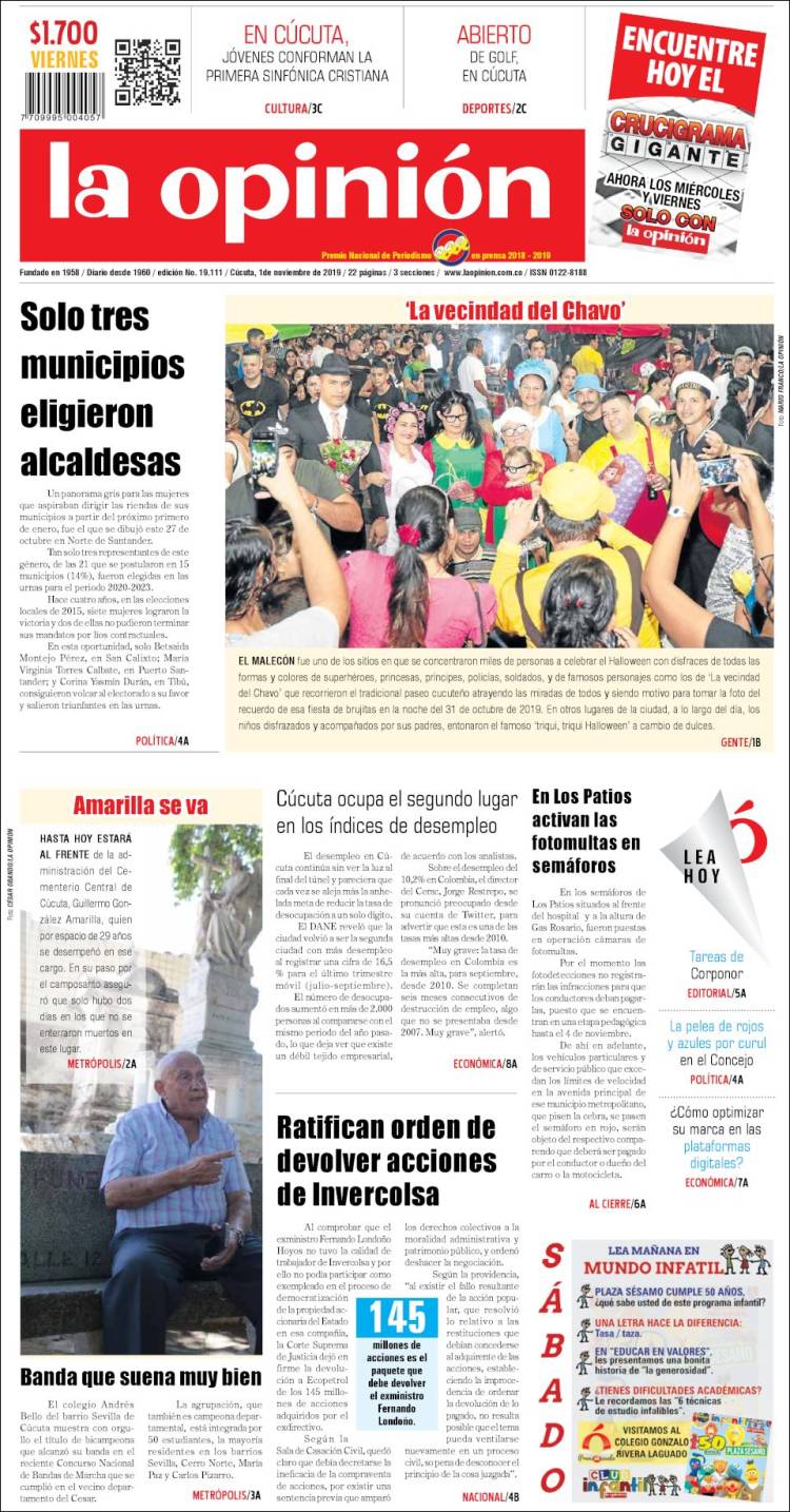 Portada de Diario La Opinion (Colombia)