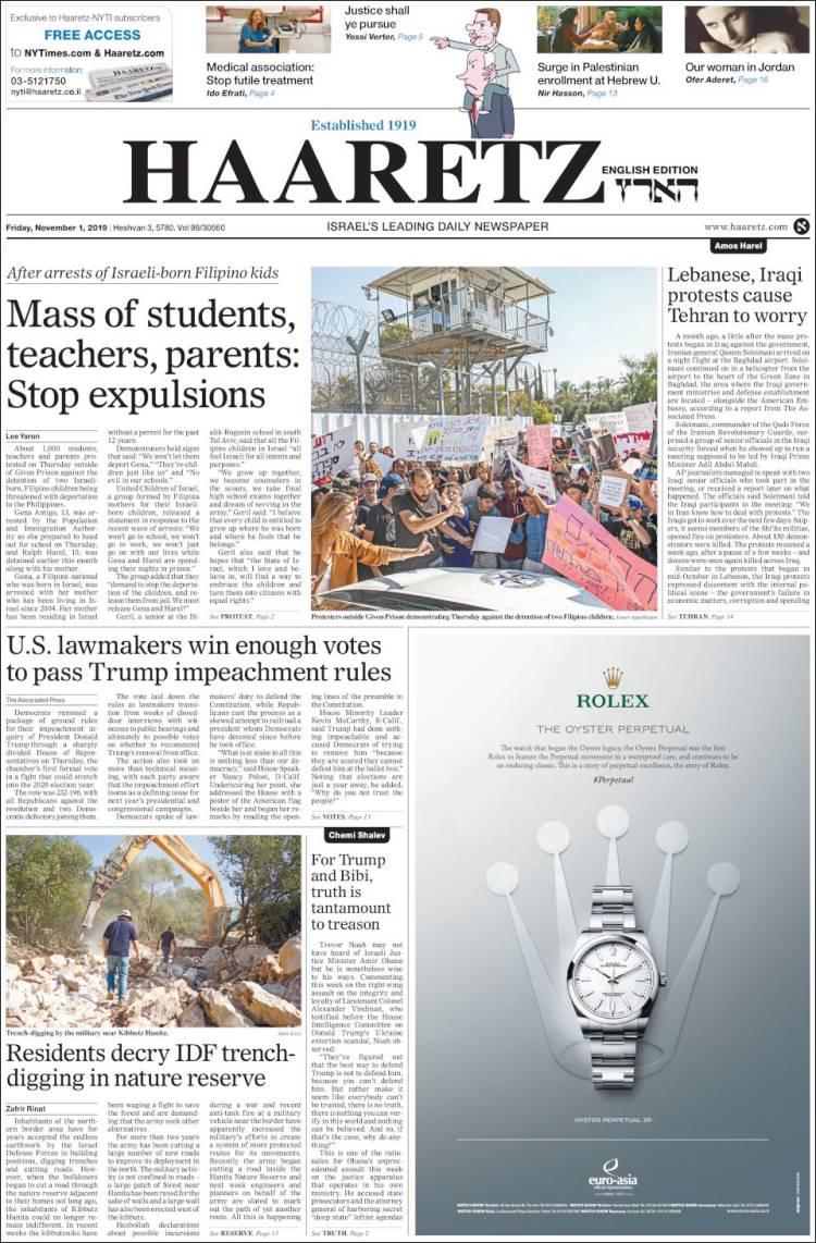 Portada de Haaretz (Israel)
