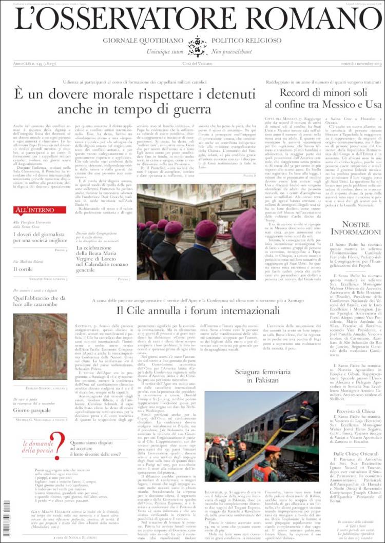 Portada de L'Osservatore Romano (Italia)