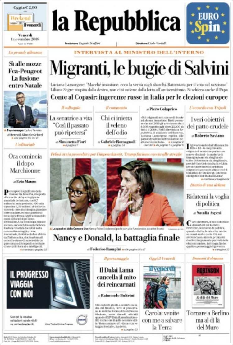 Portada de La Repubblica (Italia)