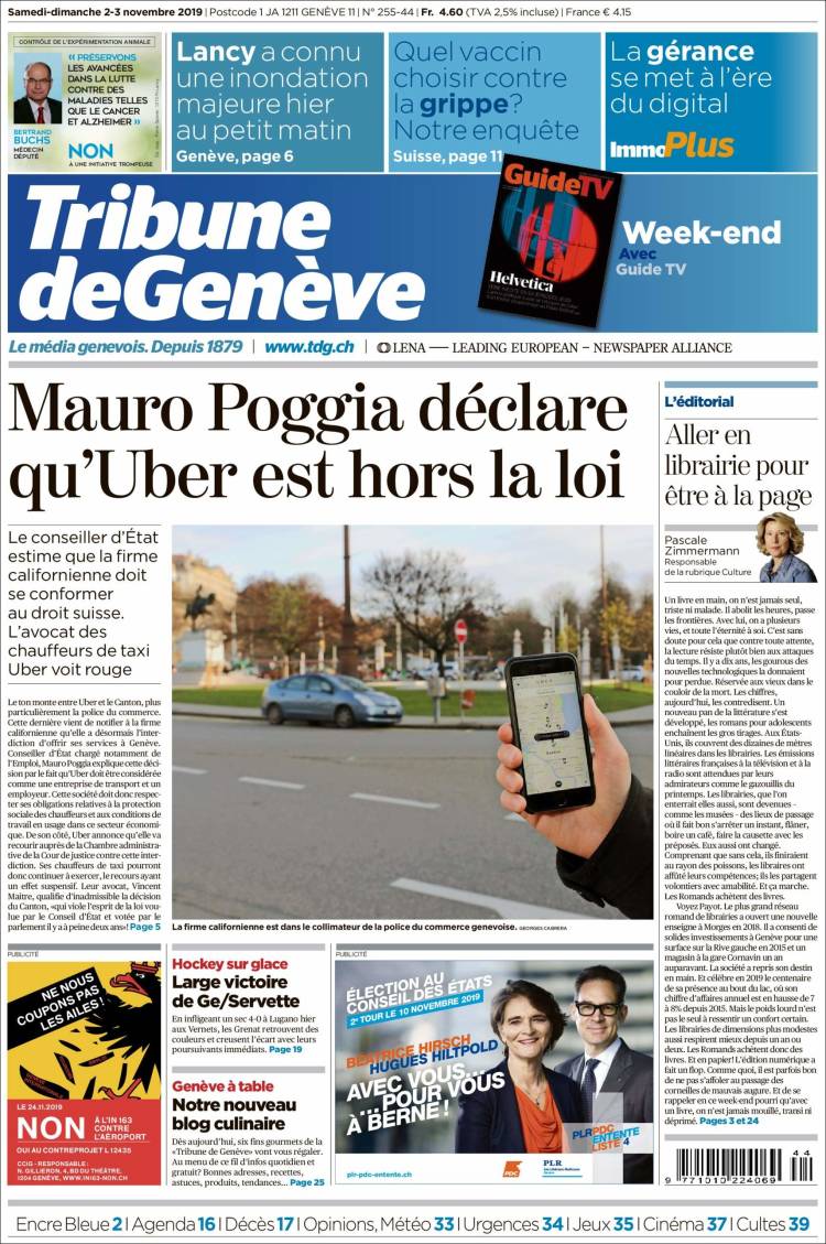 Portada de La Tribune de Genève (Suiza)