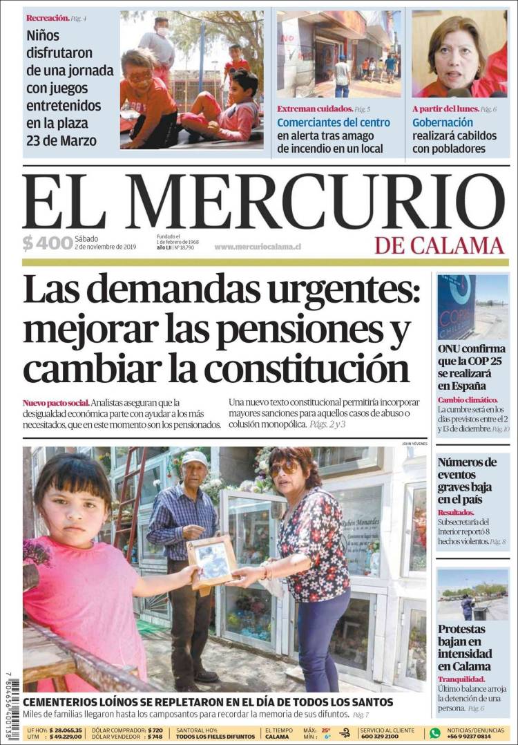 Portada de El Mercurio - Calama (Chile)
