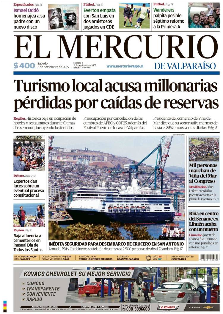 Portada de Mercurio de Valparaiso (Chile)