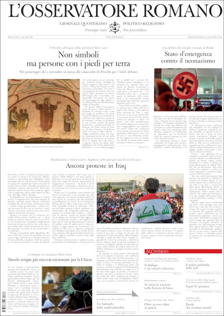 Portada de L'Osservatore Romano (Italia)