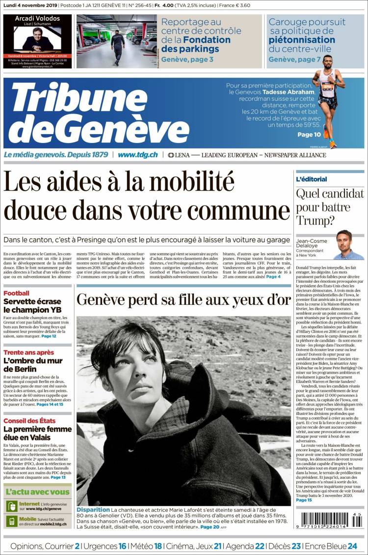 Portada de La Tribune de Genève (Suiza)