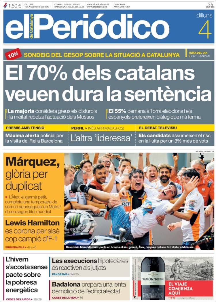 Portada de El Periódico de Catalunya (España)