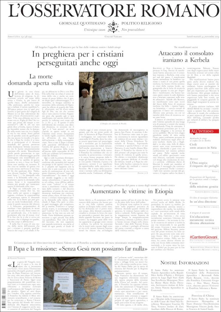 Portada de L'Osservatore Romano (Italia)