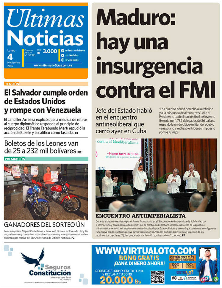 Portada de Últimas Noticias (Venezuela)