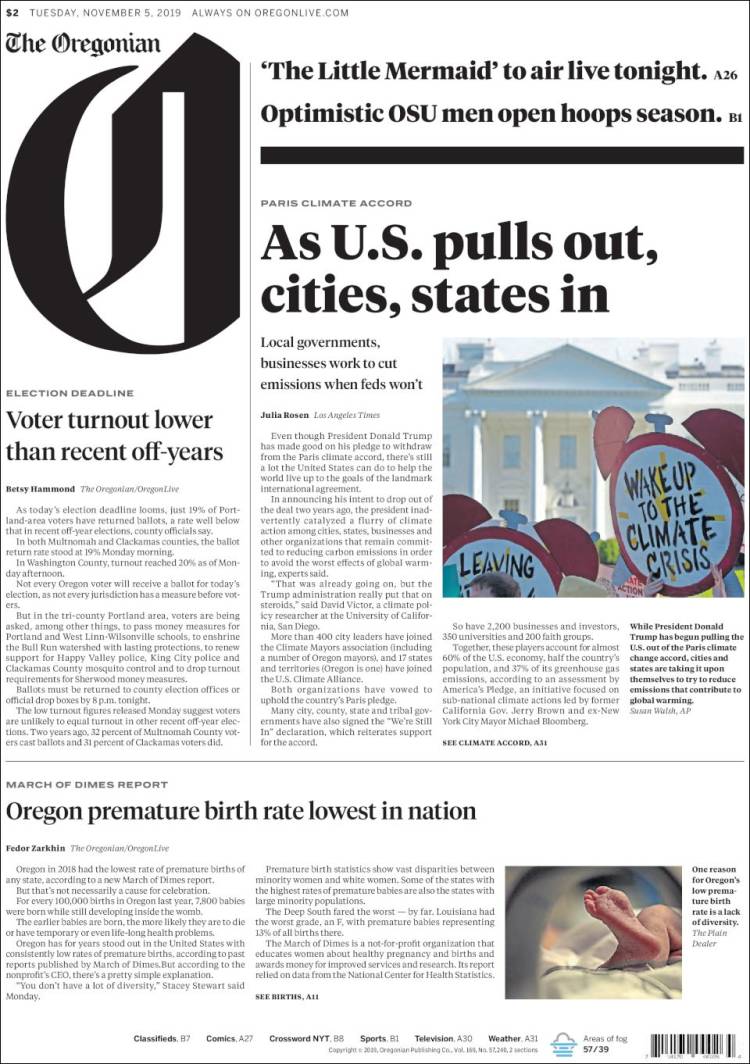 Portada de The Oregonian (USA)