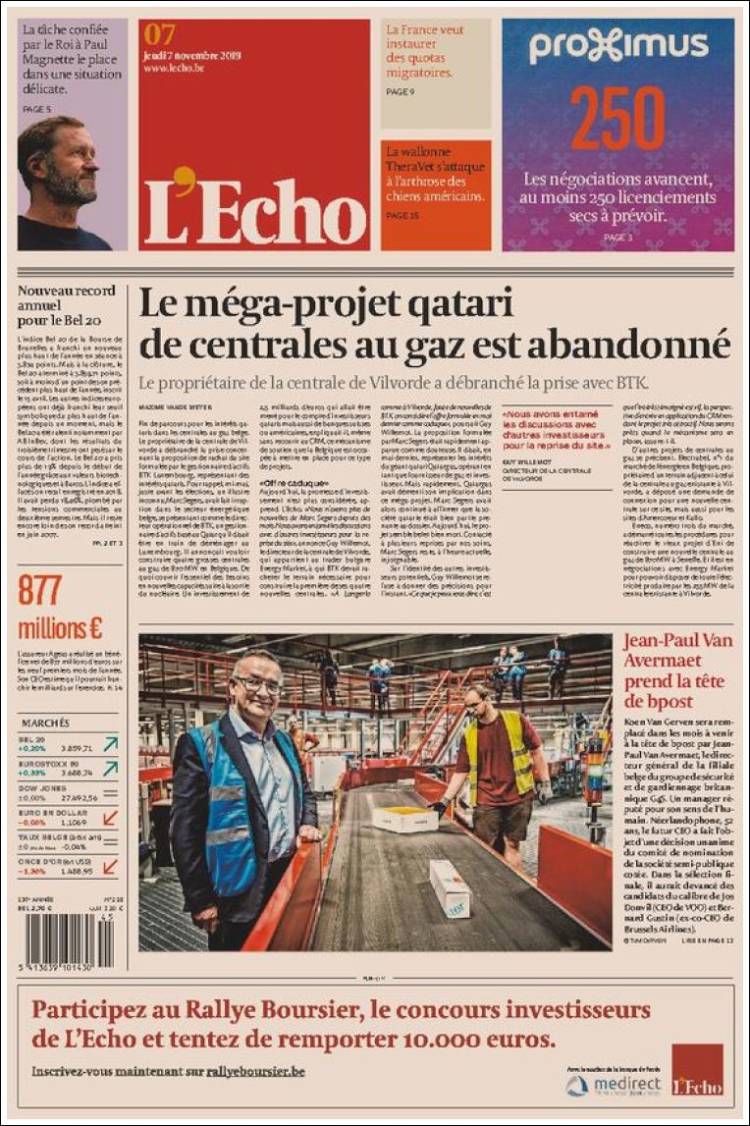 Portada de L'Echo (B&eacute;lgica)