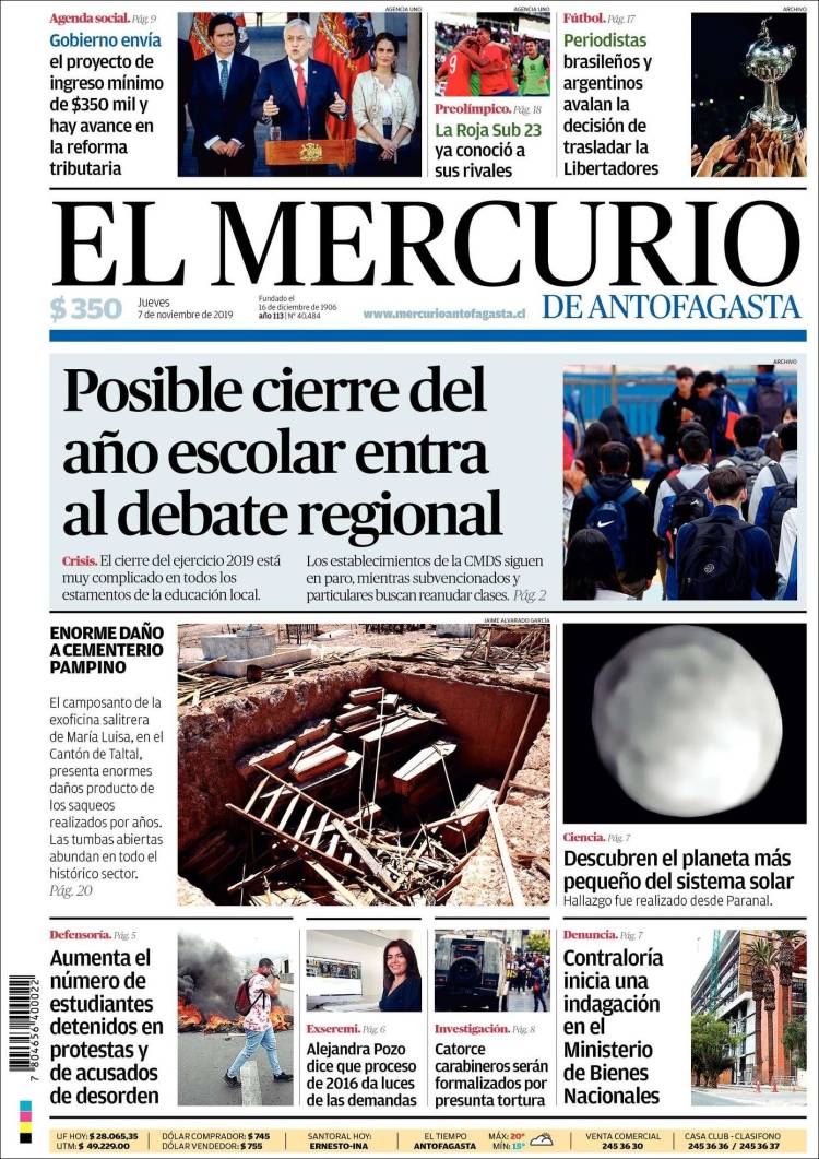 Portada de El Mercurio de Antofagasta (Chile)