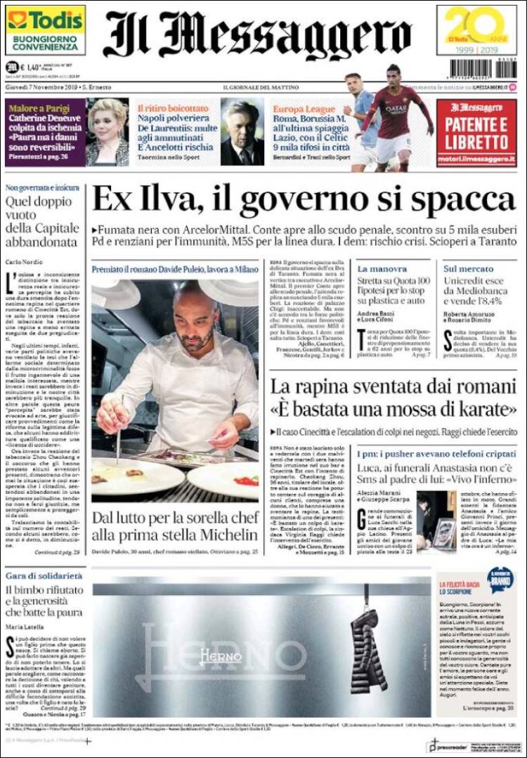 Portada de Il Messaggero (Italia)