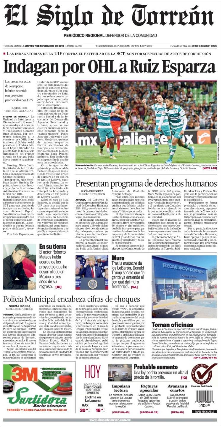 Portada de El Siglo de Torreon (M&eacute;xico)