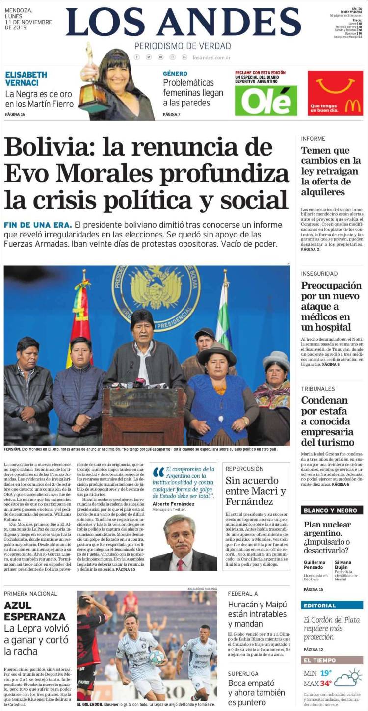 Portada de Los Andes - Mendoza (Argentina)