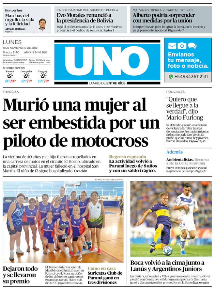 Portada de Diario Uno de Entre Ríos (Argentina)
