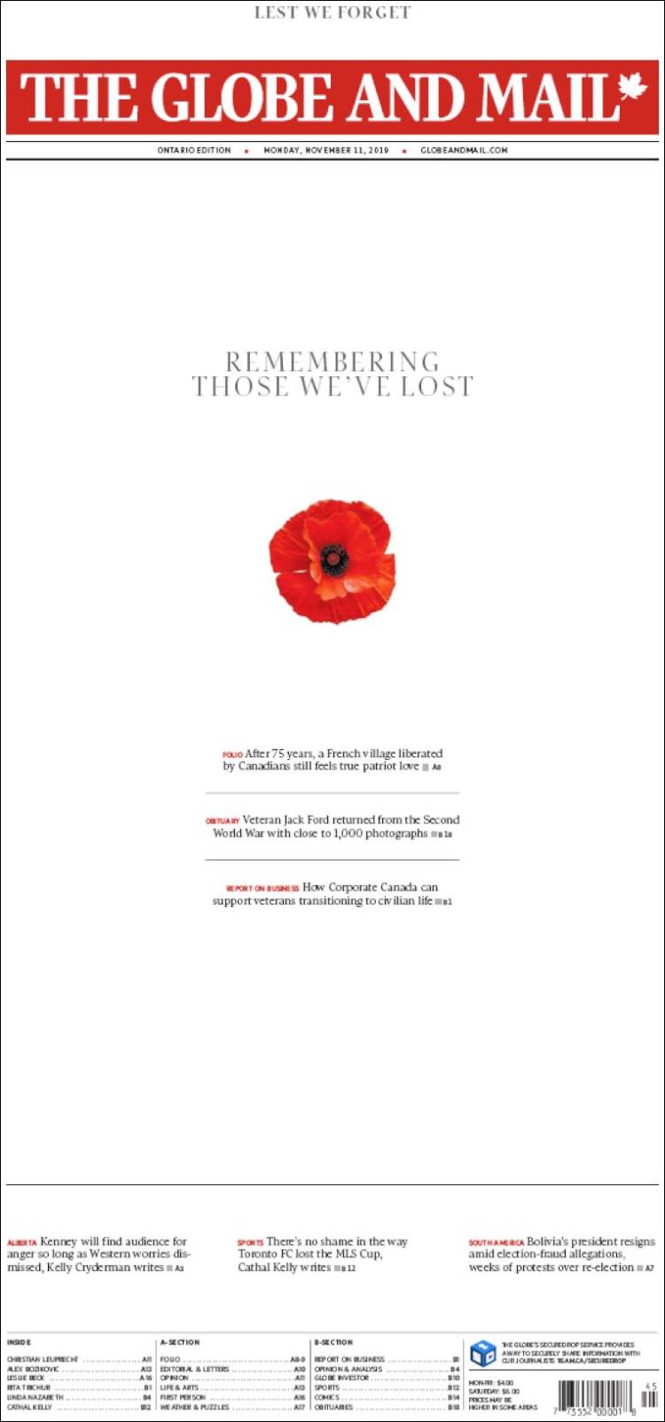 Portada de The Globe and Mail (Canadá)