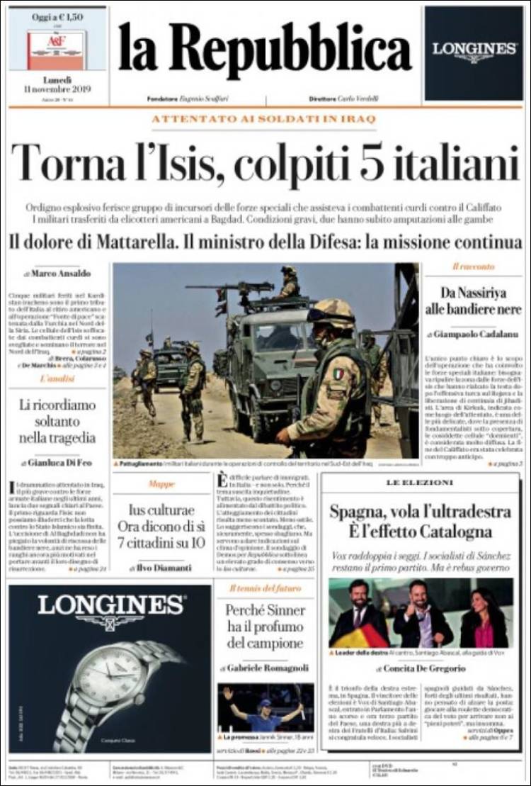 Portada de La Repubblica (Italia)