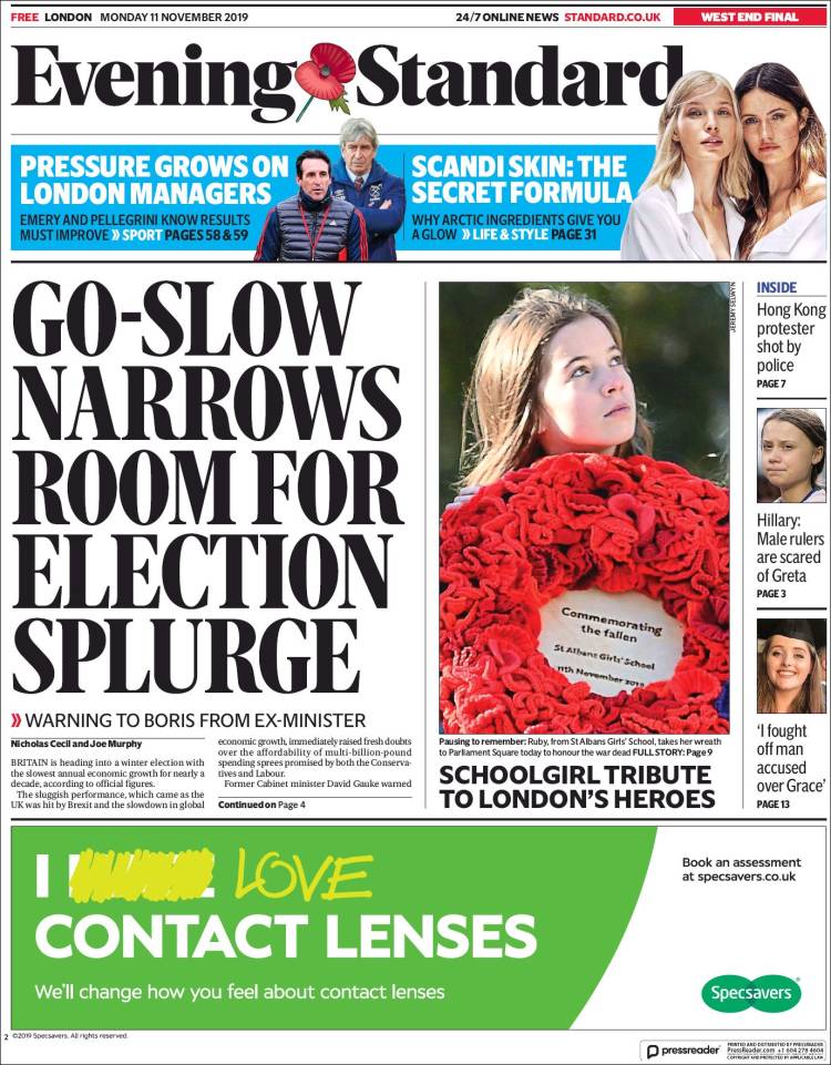 Portada de Evening Standard (Reino Unido)