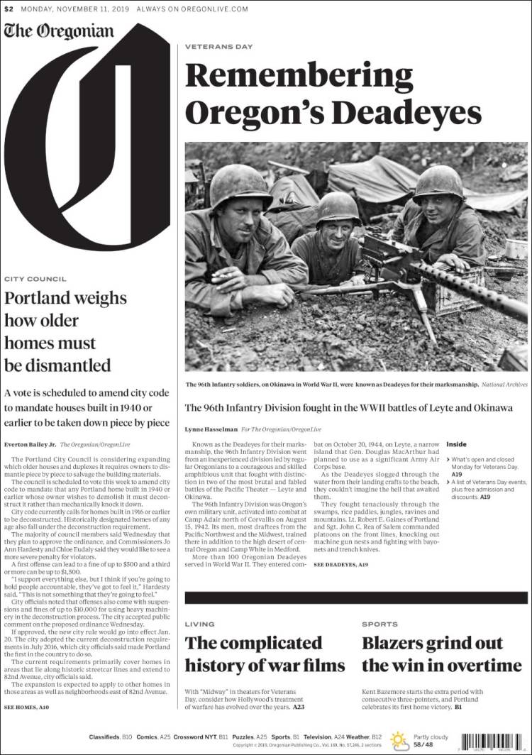 Portada de The Oregonian (USA)