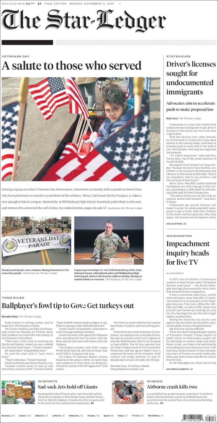 Portada de Star-Ledger (USA)