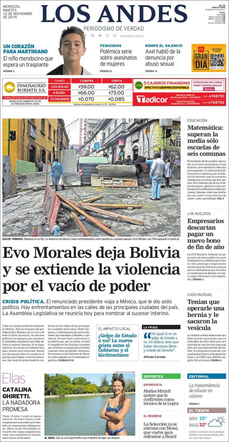 Portada de Los Andes - Mendoza (Argentina)