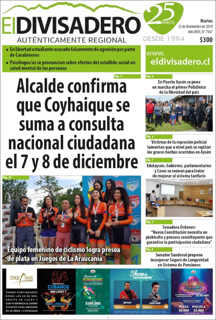 Portada de Diario El Divisadero (Chile)