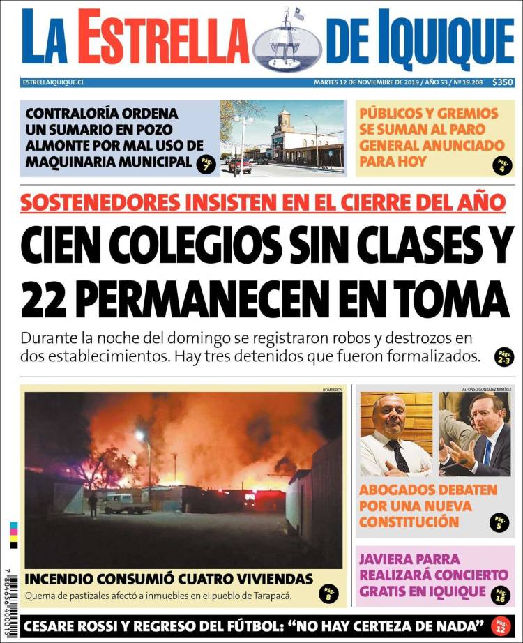 Portada de La Estrella de Iquique (Chile)