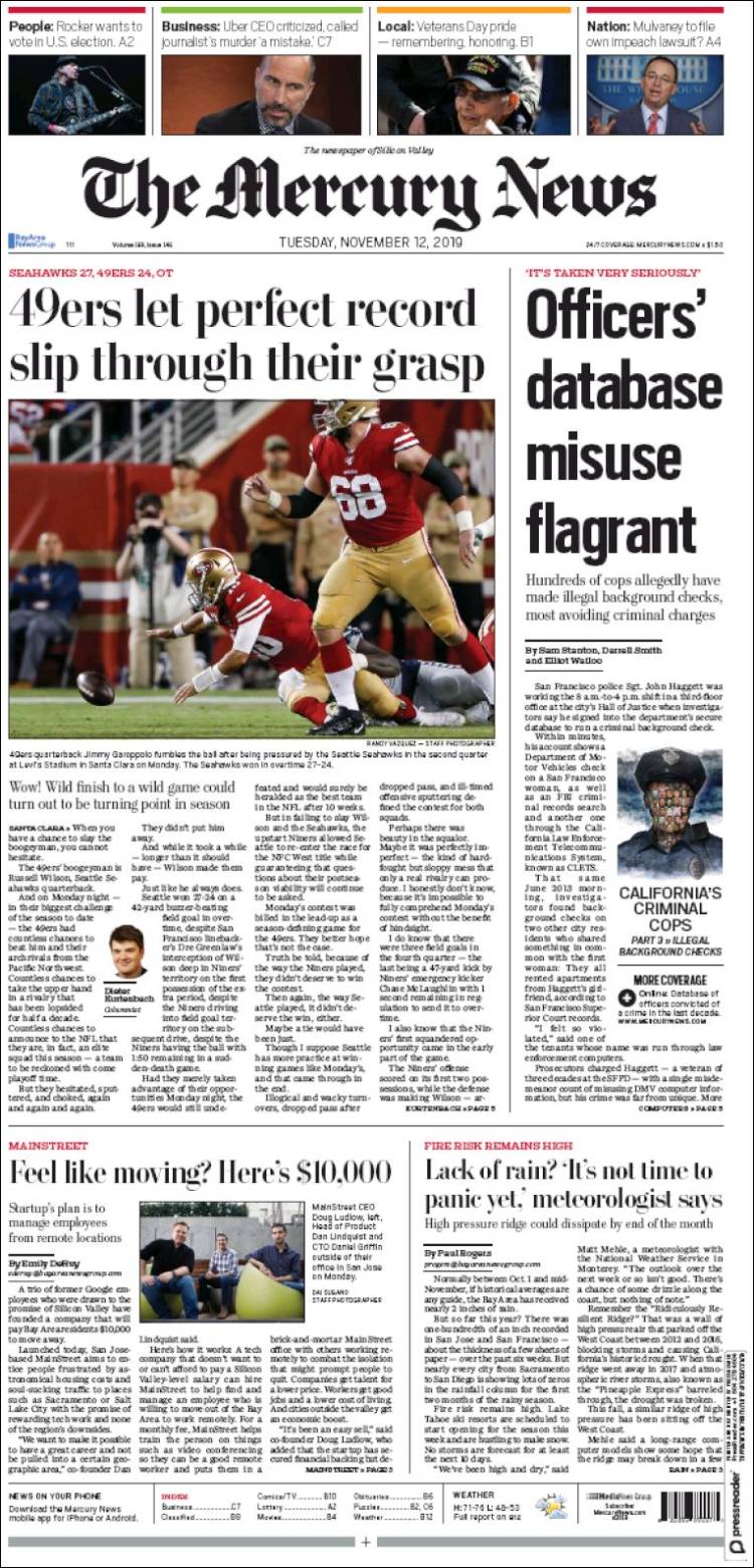 Portada de San Jose Mercury News (USA)