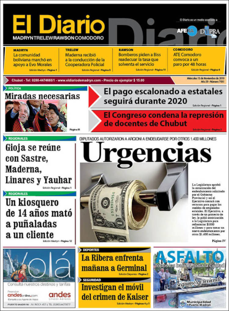 Portada de El Diario de Madryn (Argentina)