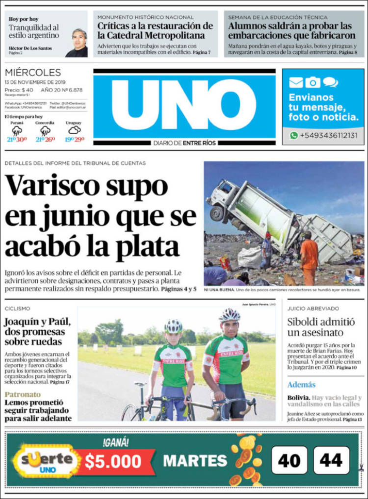 Portada de Diario Uno de Entre Ríos (Argentina)