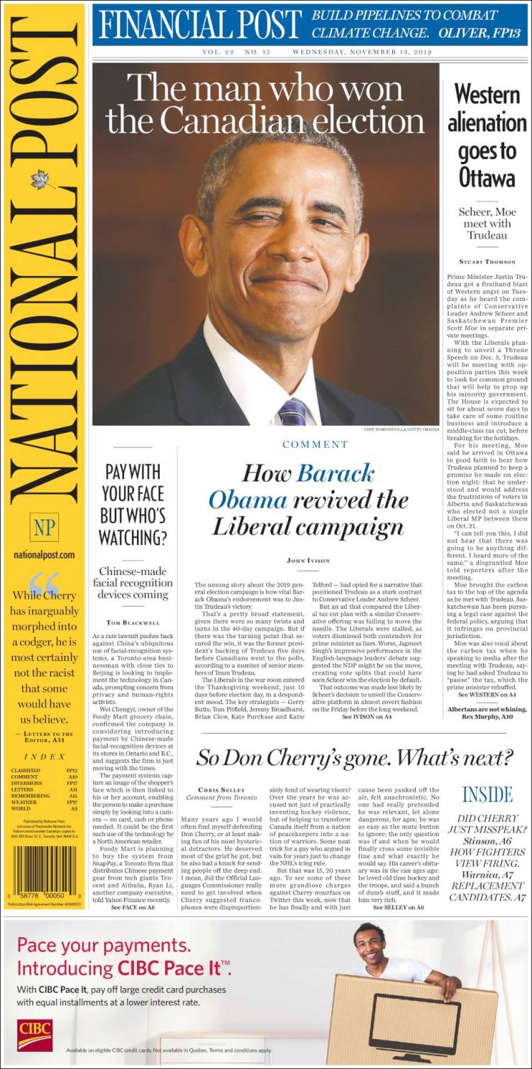 Portada de The National Post (Canadá)