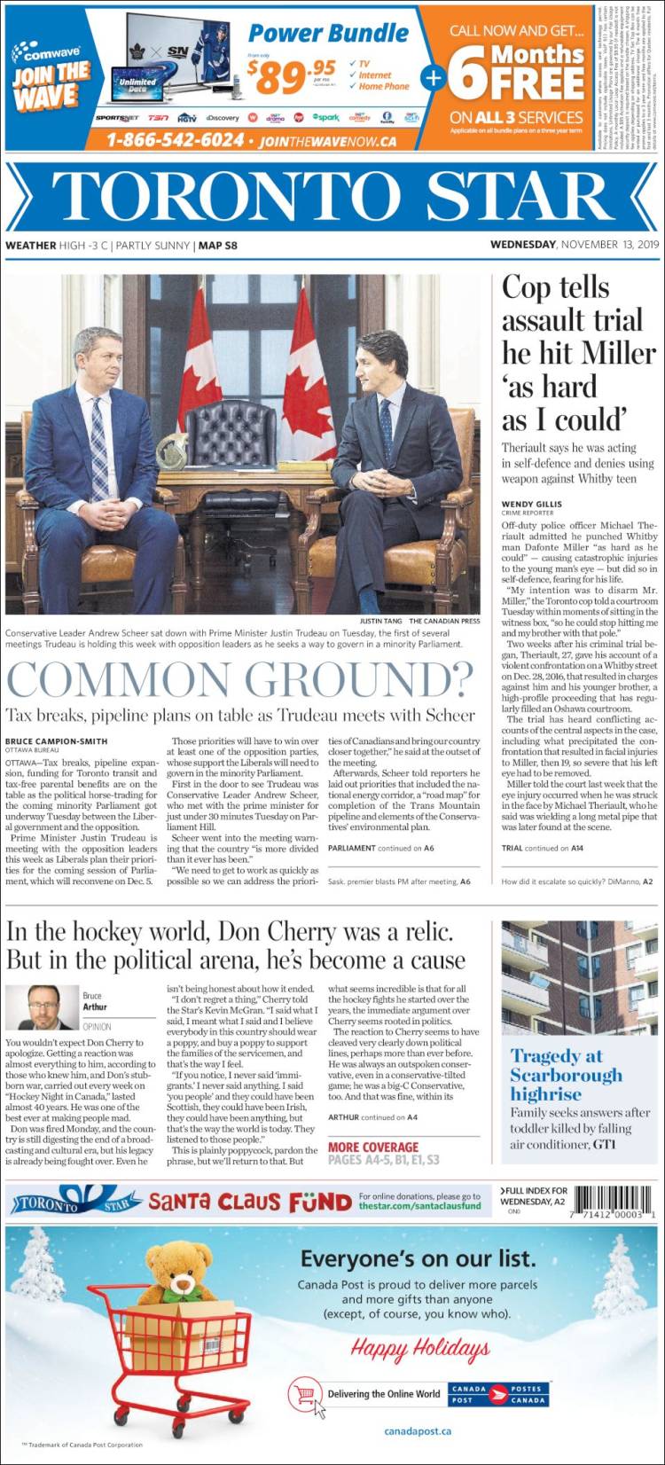 Portada de The Toronto Star (Canadá)