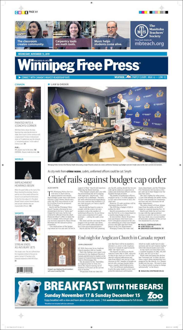 Portada de Winnipeg Free Press (Canadá)