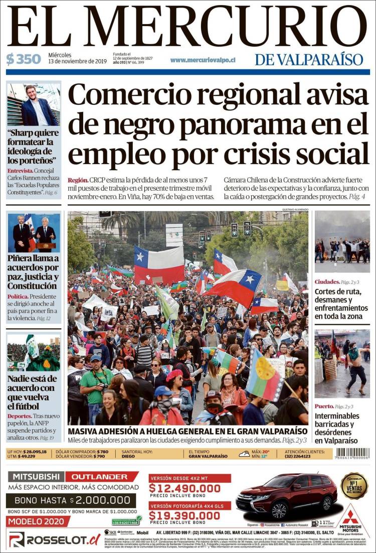 Portada de Mercurio de Valparaiso (Chile)