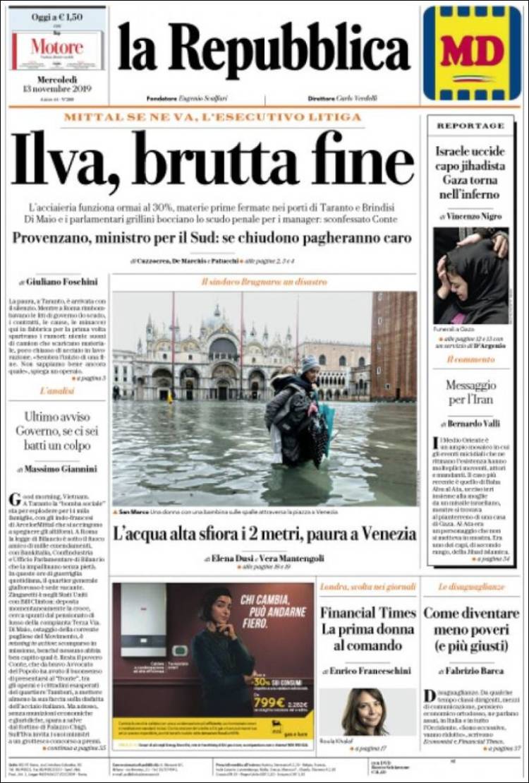 Portada de La Repubblica (Italia)