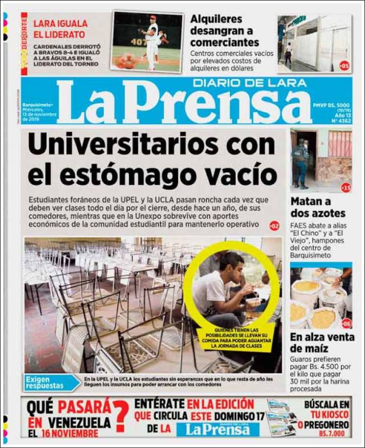Periódico La Prensa de Lara (Venezuela). Periódicos de Venezuela. Edición  de miércoles, 13 de noviembre de 2019. 