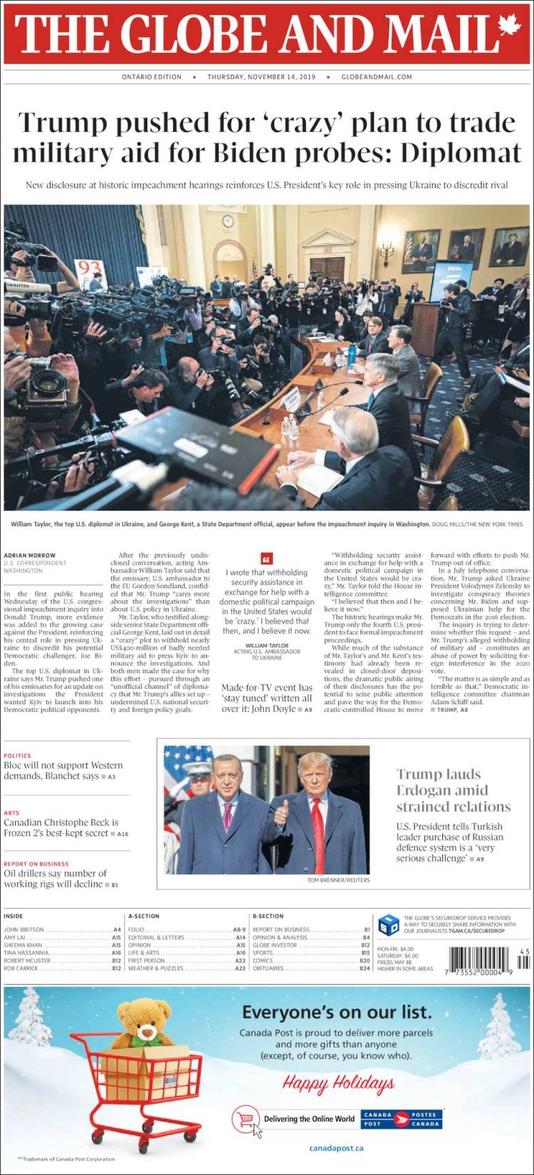 Portada de The Globe and Mail (Canadá)