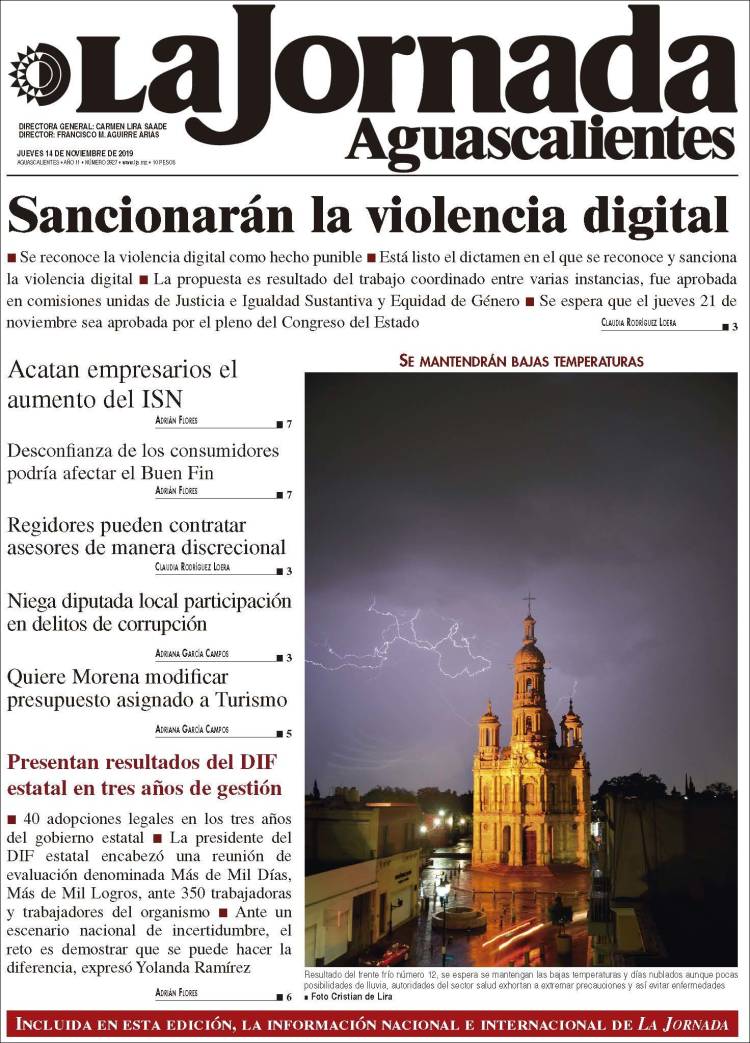 Portada de La Jornada de Aguascalientes (M&eacute;xico)