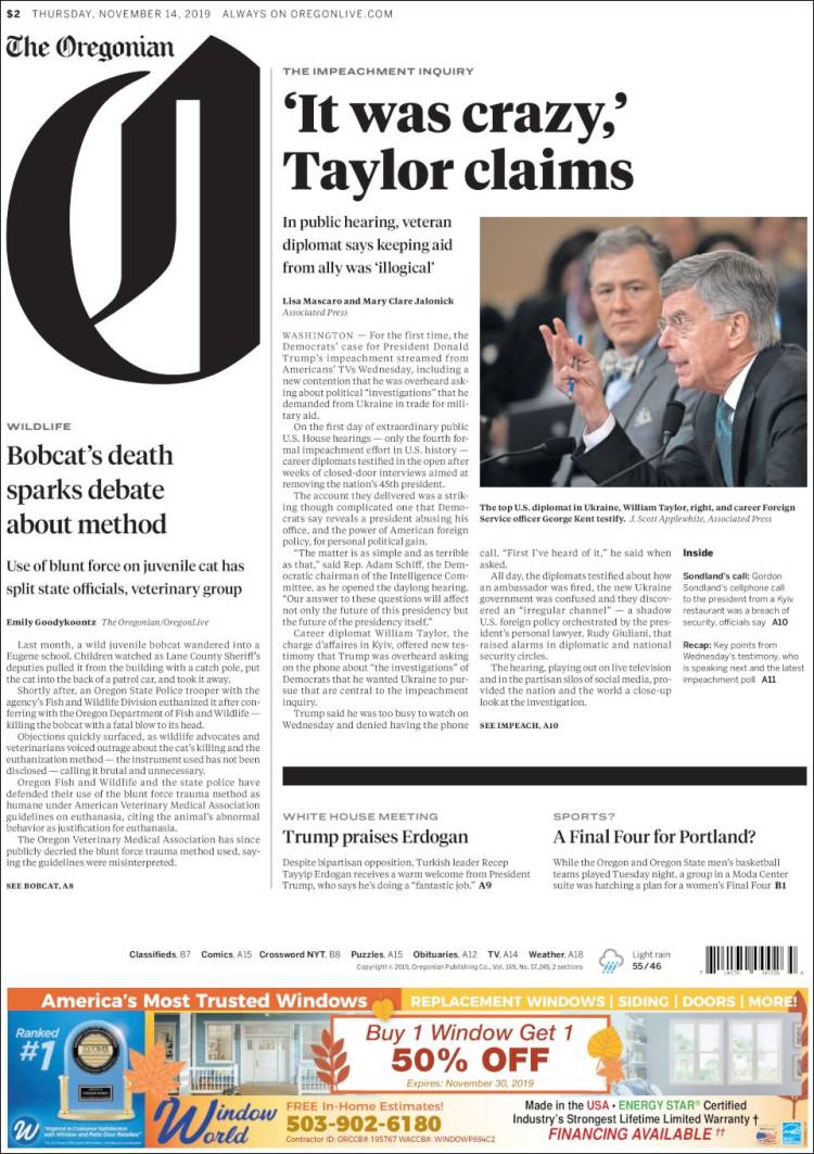 Portada de The Oregonian (USA)