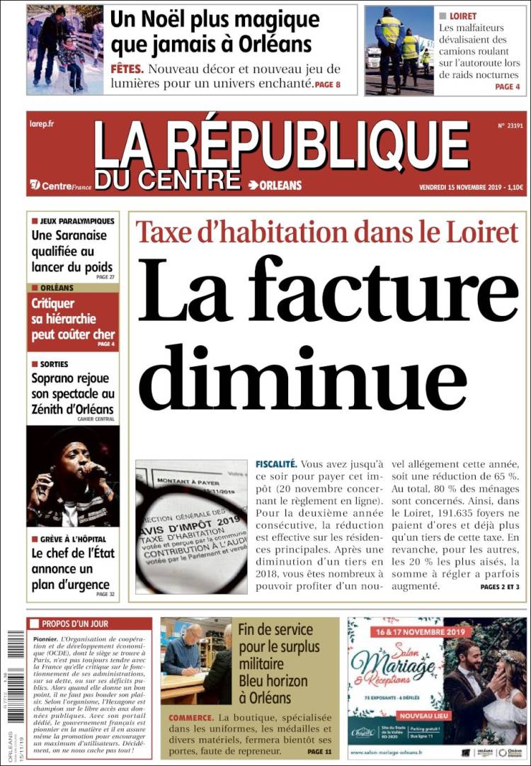 Portada de La République du Centre (Francia)