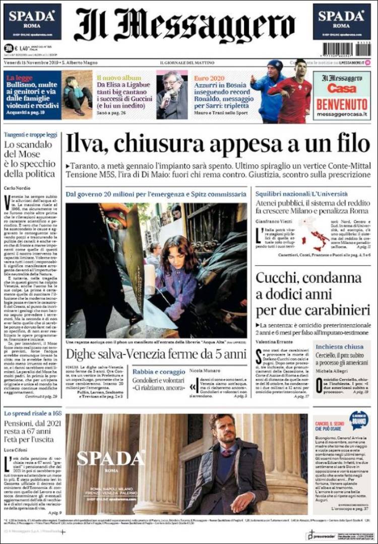 Portada de Il Messaggero (Italia)
