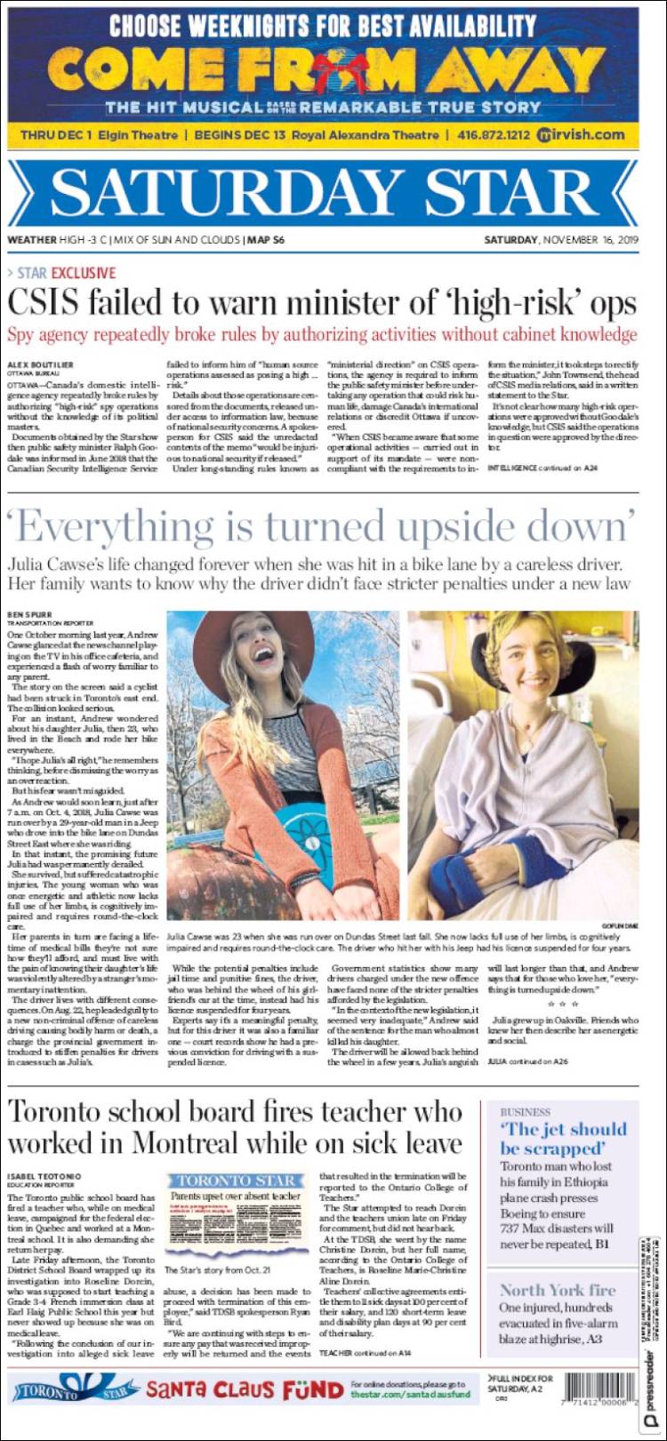 Portada de The Toronto Star (Canadá)