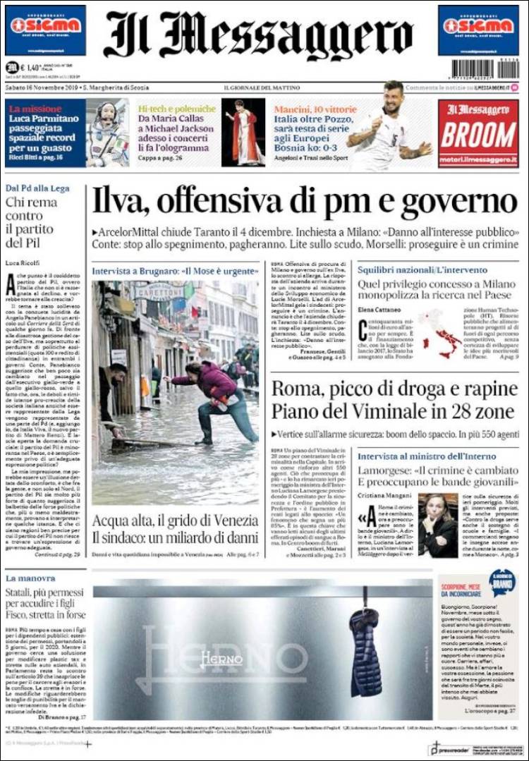 Portada de Il Messaggero (Italia)