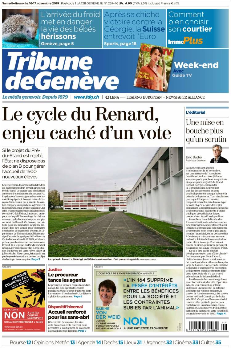 Portada de La Tribune de Genève (Suiza)