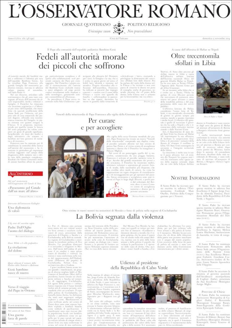 Portada de L'Osservatore Romano (Italia)