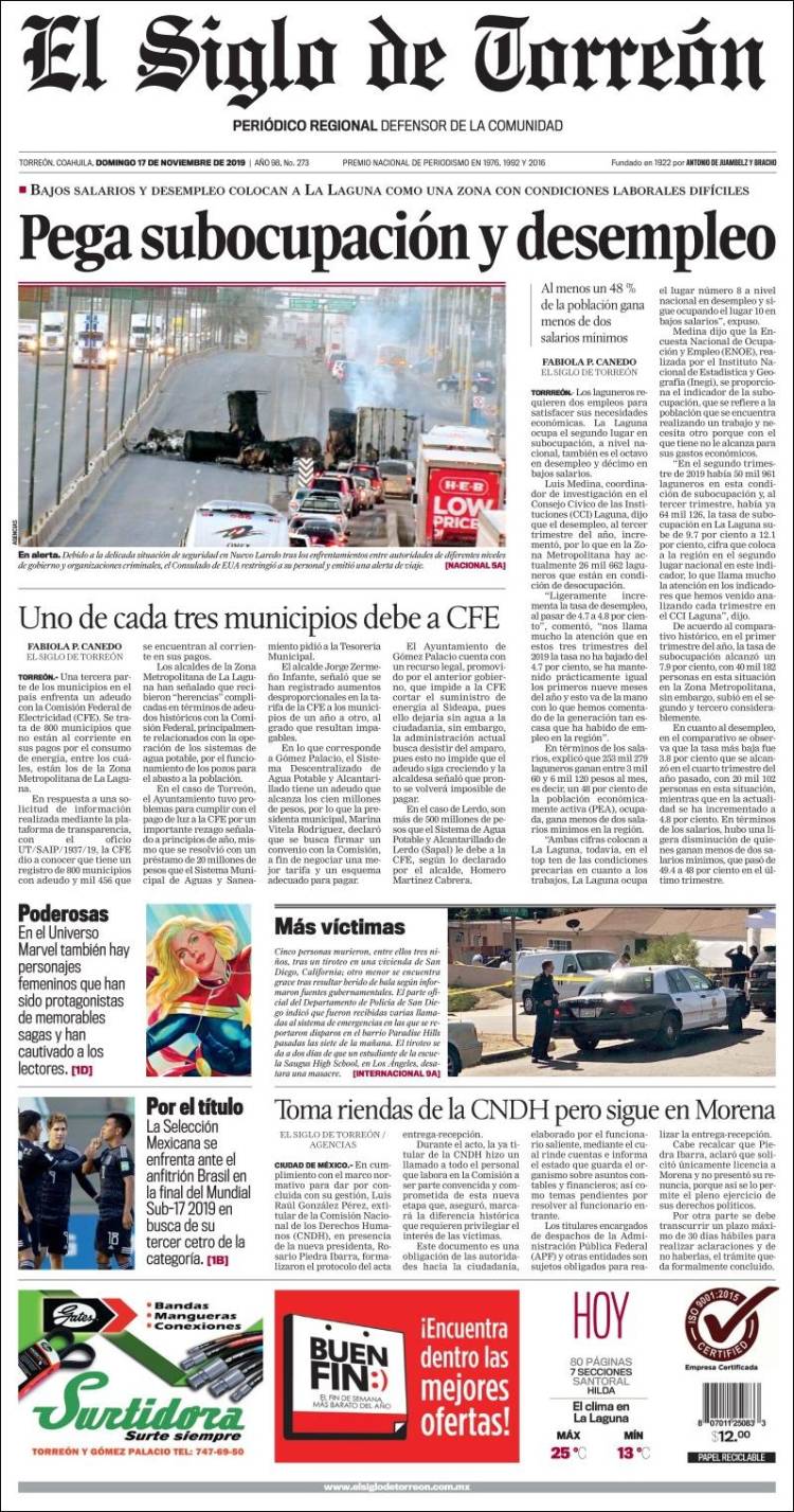 Portada de El Siglo de Torreon (M&eacute;xico)