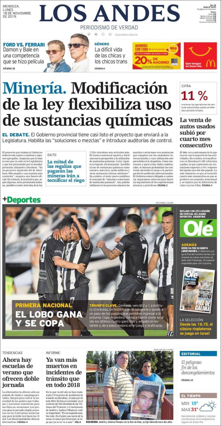 Portada de Los Andes - Mendoza (Argentina)