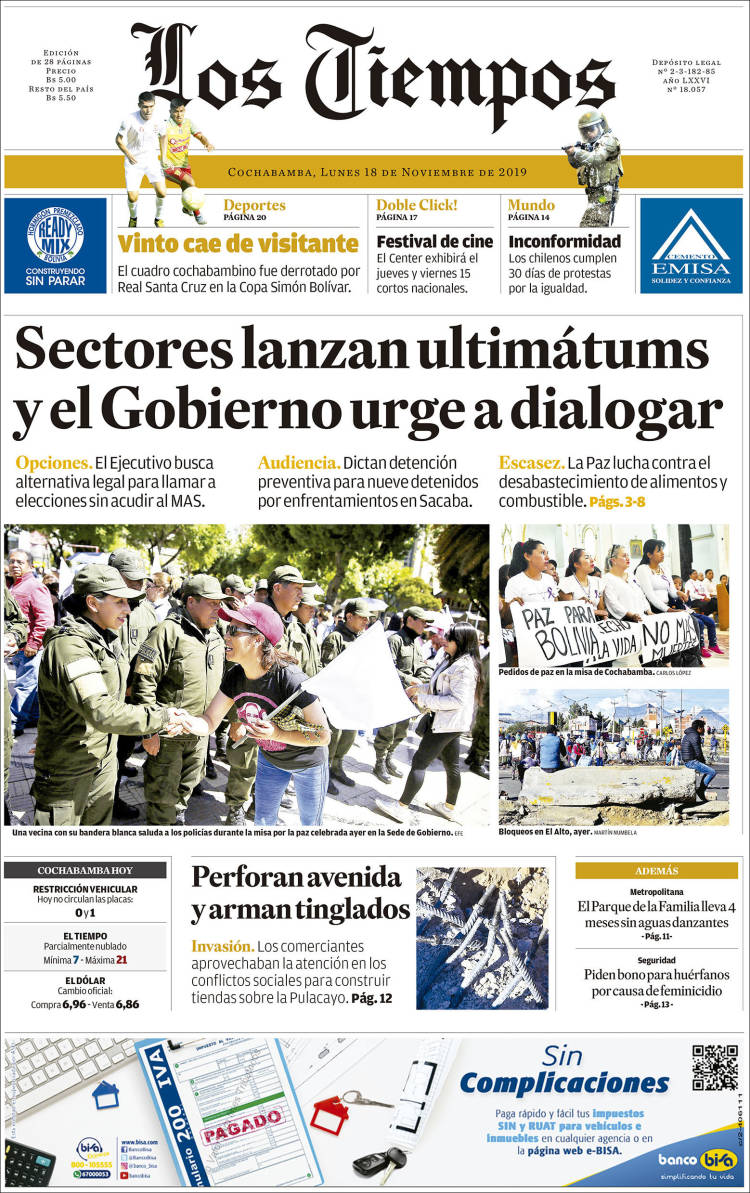 Portada de Los Tiempos (Bolivia)