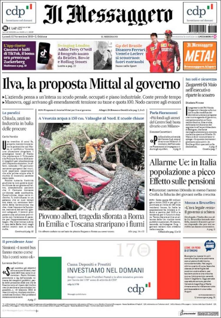 Portada de Il Messaggero (Italia)
